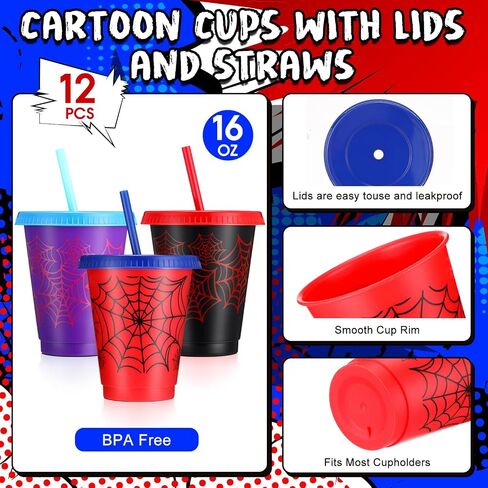 12 Pcs 16 oz Spider Cups Bulk with 3 Styles, Spider Birthday Party Favors Cups with Lids and Straws, Plastic Cup for Birthday Party Decorations, Birthday Party Favor Supplies for Son Daughter Friends in Kuwait