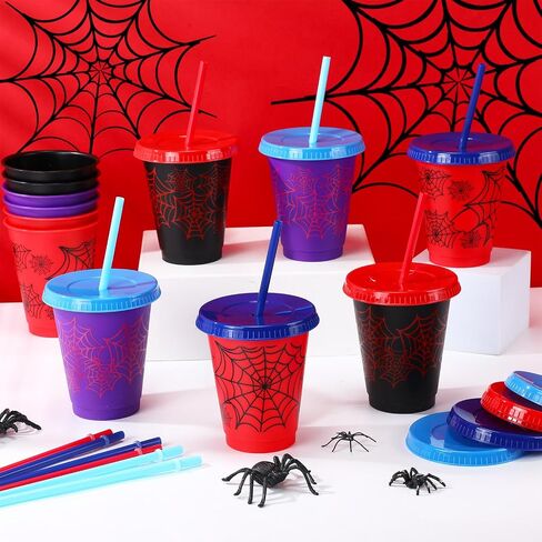 12 Pcs 16 oz Spider Cups Bulk with 3 Styles, Spider Birthday Party Favors Cups with Lids and Straws, Plastic Cup for Birthday Party Decorations, Birthday Party Favor Supplies for Son Daughter Friends in Kuwait
