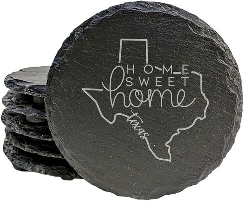 Rustic Slate Coasters Set of 4, Round 4" with Texas Outline & 'Home Sweet Home' Design, Perfect Gift for Holidays, Birthdays, Housewarming, She-Shed, Man Cave, Made in Oregon, USA, Small Business in Saudi Arabia