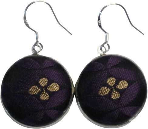 Handmade Songkai Mulberry Silk Fabric Applique Round Silver Pin Earrings (Seven Treasure Pattern) in Saudi Arabia