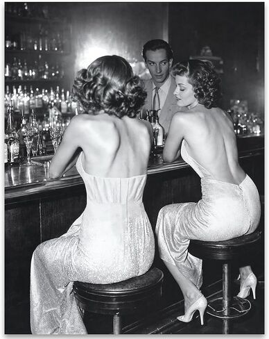 Vintage Hollywood Bar Scene - Ladies' Night Out 18x24 Unframed Poster Featuring Classic Black-and-White Photo of a 1940s Bar Scene, Retro Glamour for Elegant and Chic Lounge Décor in Saudi Arabia