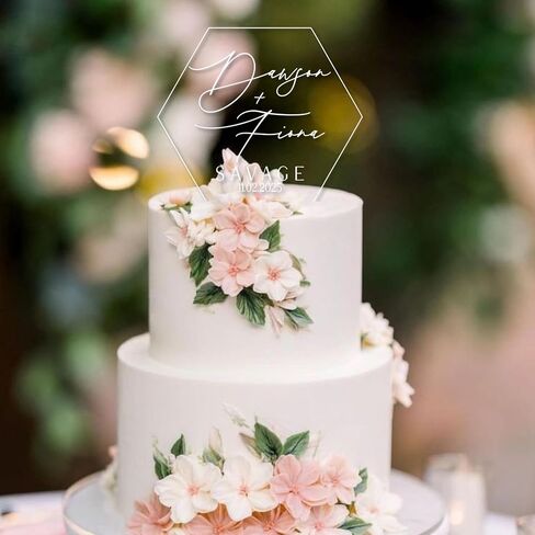 Personalized Acrylic Wedding Cake Topper With Names, Custom Wedding Cake Topper, Hexagonal Custom Cake Topper For Wedding, Cake Topper Leaf in Saudi Arabia