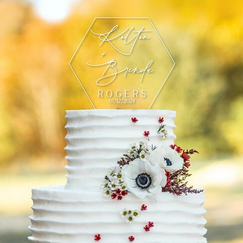 Personalized Acrylic Wedding Cake Topper With Names, Custom Wedding Cake Topper, Hexagonal Custom Cake Topper For Wedding, Cake Topper Leaf in Saudi Arabia