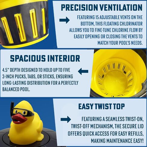 Poolzilla Diver Duck Chlorine Feeder - Floating Dispenser with Adjustable Collar Design for Optimal Dispersion - Hold Tablets up to 3" in Kuwait