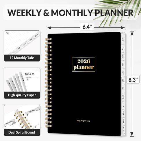 Sunee Planner 2026 أسبوعيًا وشهريًا ، يناير 2026 ديسمبر 2026 ، 6.4 "× 8.3" ، علامات التبويب ، صفحات الملاحظات ، الربط الحلزوني ، الأسود in Kuwait