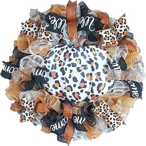 Pumpkin Door Wreaths - Animal Print Leopard Thanksgiving Fall Autumn Turquoise Mesh Front Door Decor - Halloween Blue Brown in Saudi Arabia