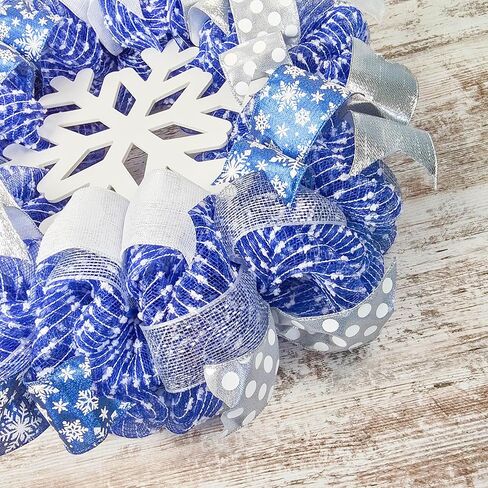 Winter Wreath - Snowflake Christmas Mesh Outdoor Front Door Wreath; White Blue Silver in Saudi Arabia