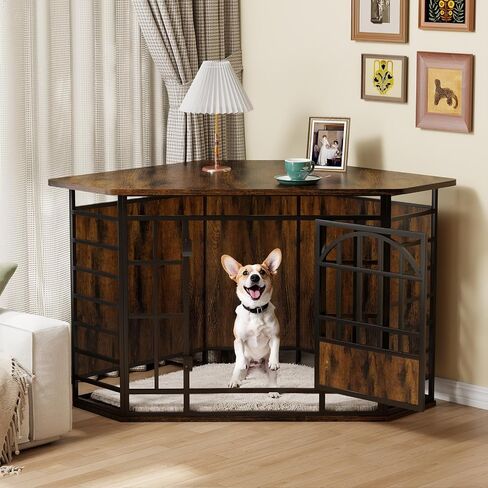 COZPAW Corner Dog Crate Furniture, 52 Inch Large Dog Kennel Indoor Wooden End Table, Modern Dog Cage Decorative Pet House TV Stand for Medium Large Dogs,Vintage Brown in Kuwait
