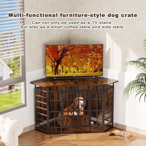 COZPAW Corner Dog Crate Furniture, 52 Inch Large Dog Kennel Indoor Wooden End Table, Modern Dog Cage Decorative Pet House TV Stand for Medium Large Dogs,Vintage Brown in Kuwait