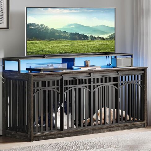 DWVO 55" Extra Large Dog Crate Furniture, Heavy Duty Metal Dog Kennel TV Stand with Sliding Door, Wooden Dog Cage Table with Dog Bowl for Extra Large Medium Dogs or 2 Small Dogs, Rustic Brown in Saudi Arabia