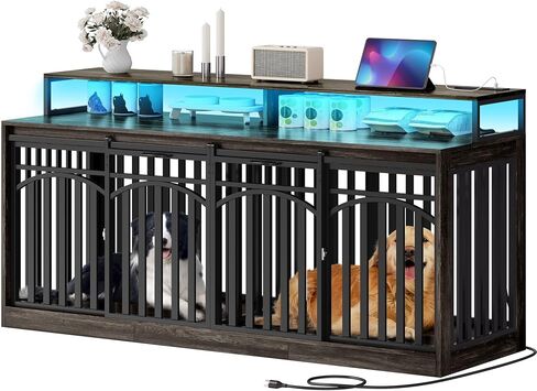 DWVO 55" Extra Large Dog Crate Furniture, Heavy Duty Metal Dog Kennel TV Stand with Sliding Door, Wooden Dog Cage Table with Dog Bowl for Extra Large Medium Dogs or 2 Small Dogs, Rustic Brown in Saudi Arabia