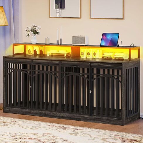 DWVO 55" Extra Large Dog Crate Furniture, Heavy Duty Metal Dog Kennel TV Stand with Sliding Door, Wooden Dog Cage Table with Dog Bowl for Extra Large Medium Dogs or 2 Small Dogs, Rustic Brown in Saudi Arabia