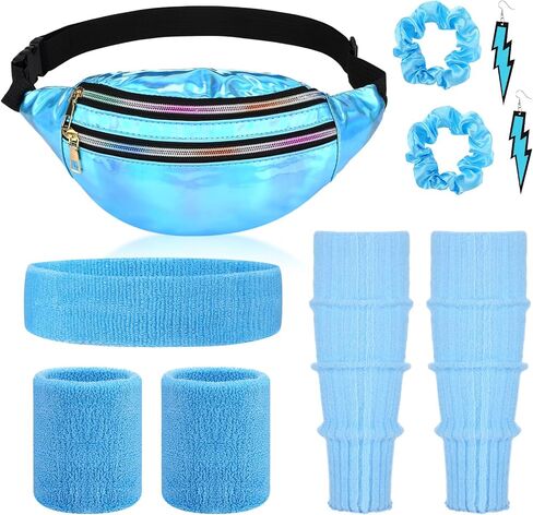 80s Costume Accessories Set for Women Holographic Fanny Pack Neon Pink Hair Scrunchies Dangle Earrings Workout Headband Leg Warmers Wristbands for 80's Party Outfits in Saudi Arabia