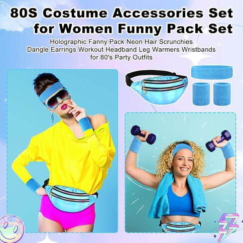 80s Costume Accessories Set for Women Holographic Fanny Pack Neon Pink Hair Scrunchies Dangle Earrings Workout Headband Leg Warmers Wristbands for 80's Party Outfits in Saudi Arabia