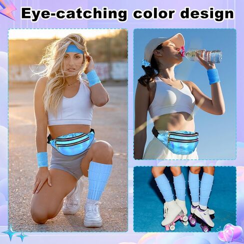 80s Costume Accessories Set for Women Holographic Fanny Pack Neon Pink Hair Scrunchies Dangle Earrings Workout Headband Leg Warmers Wristbands for 80's Party Outfits in Saudi Arabia