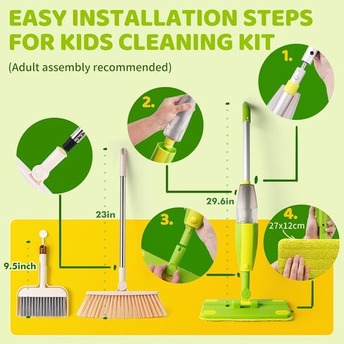 Kids Spray Mop,Toddler Mop Cleaning Set, Real Working Mini Mop & Kids Broom Dustpan Set, Housekeeping Pretend Play Toy, Montessori Kid Cleaning Toy Set Includes Organizer Clip -Green in Kuwait