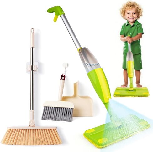 Kids Spray Mop ، مجموعة تنظيف Mop Toddler ، مجموعة Mini Mop & Kids Broom Dustpan ، لعبة التظاهر بالمنزل ، لعبة Montessori Cleaning Toy Clists Clip -Green in Kuwait