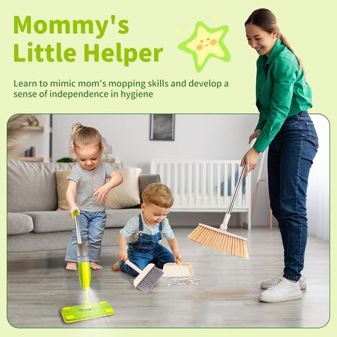 Kids Spray Mop ، مجموعة تنظيف Mop Toddler ، مجموعة Mini Mop & Kids Broom Dustpan ، لعبة التظاهر بالمنزل ، لعبة Montessori Cleaning Toy Clists Clip -Green in Kuwait
