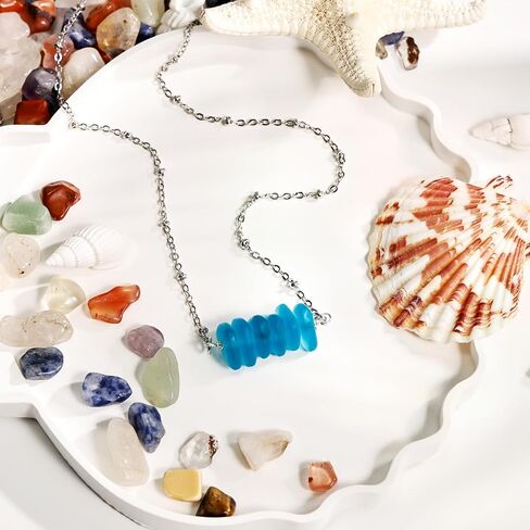 Sea Glass Beaded Necklace for Women – Handcrafted Beach Necklace with Blue Beads, Beach Jewelry Featuring Sea Glass for Summer Vacation in Saudi Arabia