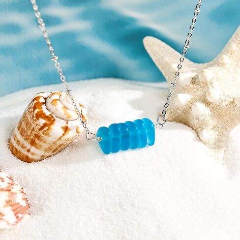Sea Glass Beaded Necklace for Women – Handcrafted Beach Necklace with Blue Beads, Beach Jewelry Featuring Sea Glass for Summer Vacation in Saudi Arabia