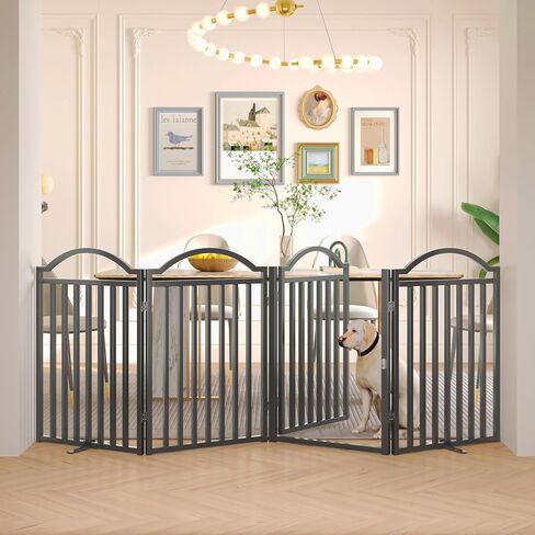 BHG Metal No-Assembly Freestanding Dog Gate with Door Walk Through, Extra Wide 96", Extra Tall 32" Pet Gate, Accordion Puppy Folding Playpen Dog Fence for Indoor & Outdoor, with 2PCS Support - Black in Saudi Arabia