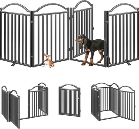 BHG Metal No-Assembly Freestanding Dog Gate with Door Walk Through, Extra Wide 96", Extra Tall 32" Pet Gate, Accordion Puppy Folding Playpen Dog Fence for Indoor & Outdoor, with 2PCS Support - Black in Saudi Arabia