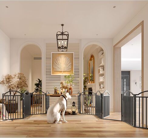 BHG Metal No-Assembly Freestanding Dog Gate with Door Walk Through, Extra Wide 96", Extra Tall 32" Pet Gate, Accordion Puppy Folding Playpen Dog Fence for Indoor & Outdoor, with 2PCS Support - Black in Saudi Arabia