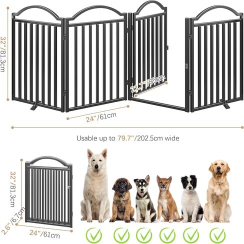 BHG Metal No-Assembly Freestanding Dog Gate with Door Walk Through, Extra Wide 96", Extra Tall 32" Pet Gate, Accordion Puppy Folding Playpen Dog Fence for Indoor & Outdoor, with 2PCS Support - Black in Saudi Arabia