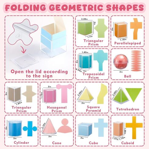 Faccito Set of 12 Folding Geometric Shapes 2D 3D Geometric Solids Early Math Multicolored Shapes Manipulatives and Geometry Set for Kids Math Teacher Aids Supplies in Saudi Arabia