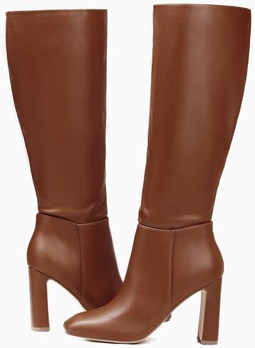 Coutgo Women's Chunky Heeled Knee High Boots Classic Leather Square Toe Zippered Tall Boot in Saudi Arabia