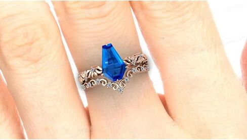 1 CT Antique Blue Sapphire Handmade Engagement Ring, Coffin Shaped Wedding Anniversary Ring Set for Women, Vintage Style Solitaire Design, Promise Gifts for Her in Saudi Arabia