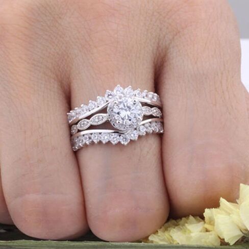 icedout 2.10 CT Round Round Diamond فريد من نوع Art Deco 3 قطع مجموعة زفاف زفاف اثنين من حلقات التراص ثلاثية متطابقة مجموعة الخطوبة للنساء 14K الذهب الأبيض مطلي 925 الجنيه الاسترليني المجوهر in Saudi Arabia