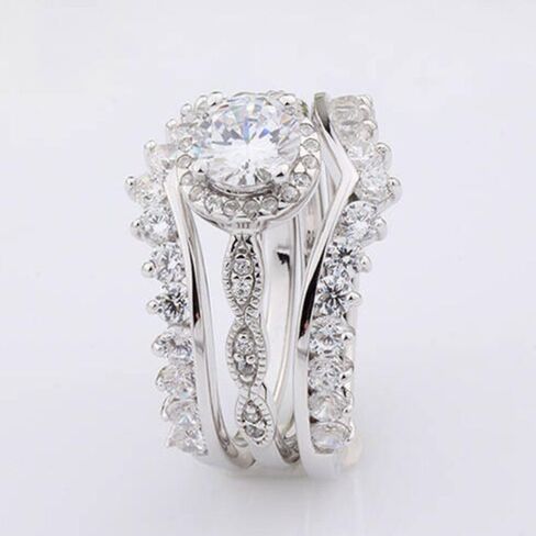 icedout 2.10 CT Round Round Diamond فريد من نوع Art Deco 3 قطع مجموعة زفاف زفاف اثنين من حلقات التراص ثلاثية متطابقة مجموعة الخطوبة للنساء 14K الذهب الأبيض مطلي 925 الجنيه الاسترليني المجوهر in Saudi Arabia
