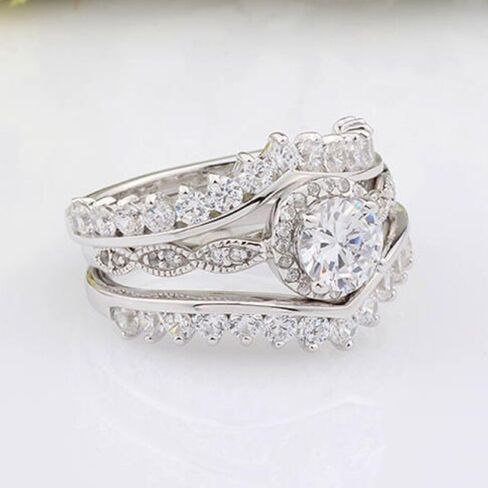 icedout 2.10 CT Round Round Diamond فريد من نوع Art Deco 3 قطع مجموعة زفاف زفاف اثنين من حلقات التراص ثلاثية متطابقة مجموعة الخطوبة للنساء 14K الذهب الأبيض مطلي 925 الجنيه الاسترليني المجوهر in Saudi Arabia