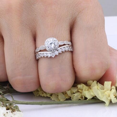 icedout 2.10 CT Round Round Diamond فريد من نوع Art Deco 3 قطع مجموعة زفاف زفاف اثنين من حلقات التراص ثلاثية متطابقة مجموعة الخطوبة للنساء 14K الذهب الأبيض مطلي 925 الجنيه الاسترليني المجوهر in Saudi Arabia