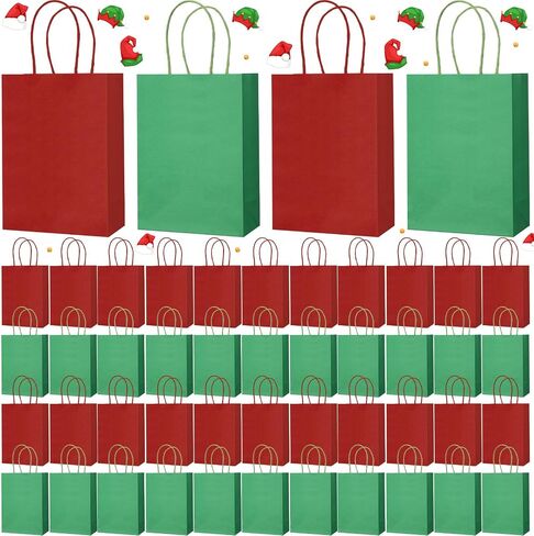 Yeaqee 50 Pcs Christmas Paper Bags, Kraft Gift Bags Bulk, Christmas, Wedding, Baby Shower, Party Supplies Gift Bags with Same Color Handle, 5.9 x 8.2 x 3.1 Inch (Orange, Dark Green) in Saudi Arabia