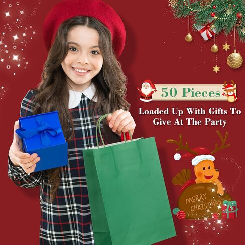 Yeaqee 50 Pcs Christmas Paper Bags, Kraft Gift Bags Bulk, Christmas, Wedding, Baby Shower, Party Supplies Gift Bags with Same Color Handle, 5.9 x 8.2 x 3.1 Inch (Orange, Dark Green) in Saudi Arabia