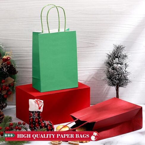 Yeaqee 50 Pcs Christmas Paper Bags, Kraft Gift Bags Bulk, Christmas, Wedding, Baby Shower, Party Supplies Gift Bags with Same Color Handle, 5.9 x 8.2 x 3.1 Inch (Orange, Dark Green) in Saudi Arabia