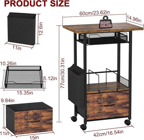 حامل طابعة من 3 طبقات متنقلة مع خزانة ملفات 2-drawer ، 24 عجلات مكتب موسعة وعجلات قابلة للقفل ، عربة متداول قابلة للتعديل لتخزين المكاتب المنزلية (أسود) in Kuwait