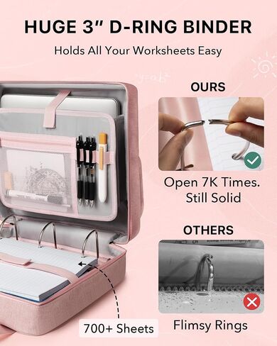 Upgraded 3 Rings Zipper Binder Organizer 3 Inch Zippered Binders with Strap Large Zip Up Portfolio Folder Bag with 9 Pockets Laptop Compartment for Office Travel, Pink in Kuwait