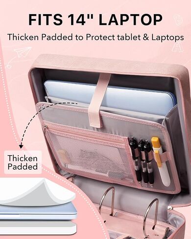 Upgraded 3 Rings Zipper Binder Organizer 3 Inch Zippered Binders with Strap Large Zip Up Portfolio Folder Bag with 9 Pockets Laptop Compartment for Office Travel, Pink in Kuwait
