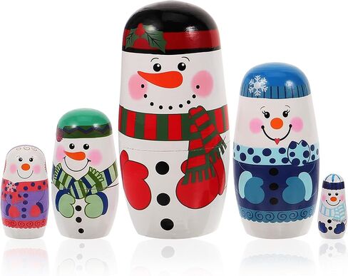 Magiclulu 5pcs عيد الميلاد دمى روسية الثلج Matryoshka الخشب تكديس دمى الصنع يدويًا لتزيين منزل عيد الميلاد (عائلة الثلج) in Saudi Arabia
