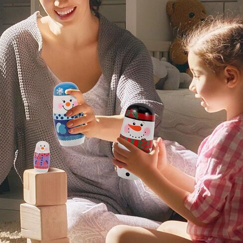 Magiclulu 5pcs عيد الميلاد دمى روسية الثلج Matryoshka الخشب تكديس دمى الصنع يدويًا لتزيين منزل عيد الميلاد (عائلة الثلج) in Saudi Arabia