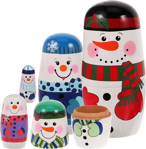 Magiclulu 5pcs عيد الميلاد دمى روسية الثلج Matryoshka الخشب تكديس دمى الصنع يدويًا لتزيين منزل عيد الميلاد (عائلة الثلج) in Saudi Arabia