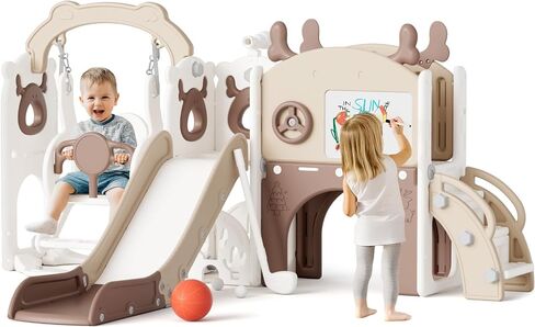 Mloong 12 in 1 Slide and Swing Set ، ينزلق الأطفال للأطفال الصغار من 1-3 سنوات ، في الهواء الطلق في الهواء الطلق مع كرة السلة رسم الجولف للأطفال السهل (Beige & Rosy Brown) (82 × 67 × 41in) in Kuwait