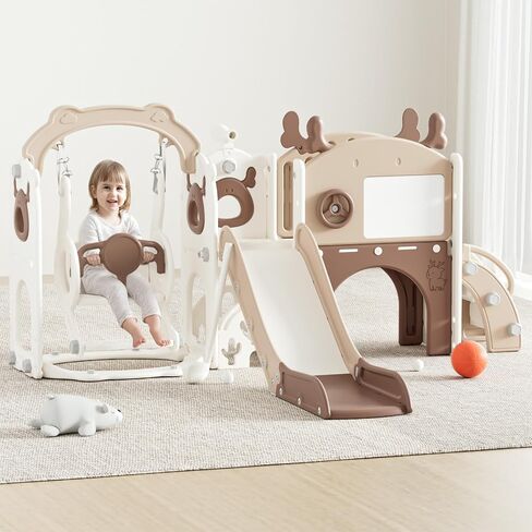 Mloong 12 in 1 Slide and Swing Set ، ينزلق الأطفال للأطفال الصغار من 1-3 سنوات ، في الهواء الطلق في الهواء الطلق مع كرة السلة رسم الجولف للأطفال السهل (Beige & Rosy Brown) (82 × 67 × 41in) in Kuwait