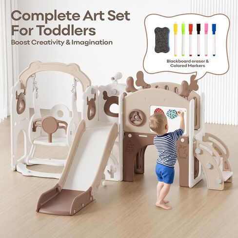 Mloong 12 in 1 Slide and Swing Set ، ينزلق الأطفال للأطفال الصغار من 1-3 سنوات ، في الهواء الطلق في الهواء الطلق مع كرة السلة رسم الجولف للأطفال السهل (Beige & Rosy Brown) (82 × 67 × 41in) in Kuwait
