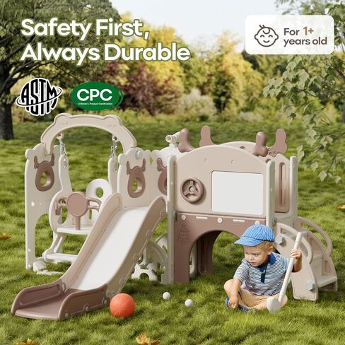 Mloong 12 in 1 Slide and Swing Set ، ينزلق الأطفال للأطفال الصغار من 1-3 سنوات ، في الهواء الطلق في الهواء الطلق مع كرة السلة رسم الجولف للأطفال السهل (Beige & Rosy Brown) (82 × 67 × 41in) in Kuwait