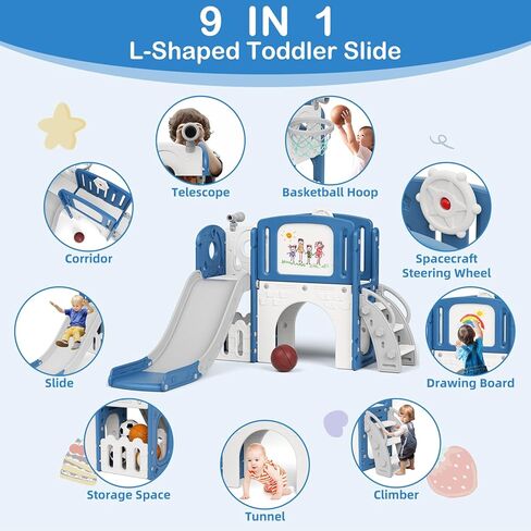Glaf Toddler Slide 9 in 1 Playset Outdoor Playground Playground Kids Baby Slides للأطفال الصغار الذين تتراوح أعمارهم بين 1-3 في الفناء الخلفي مع لوحة رسم كرة السلة المتسلق ومساحة التخزين (الأزرق) in Saudi Arabia