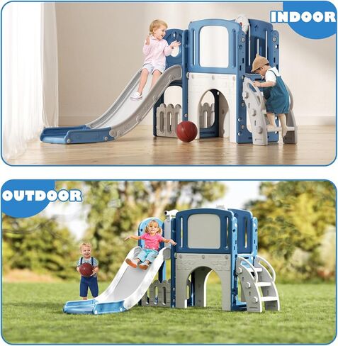 Glaf Toddler Slide 9 in 1 Playset Outdoor Playground Playground Kids Baby Slides للأطفال الصغار الذين تتراوح أعمارهم بين 1-3 في الفناء الخلفي مع لوحة رسم كرة السلة المتسلق ومساحة التخزين (الأزرق) in Saudi Arabia